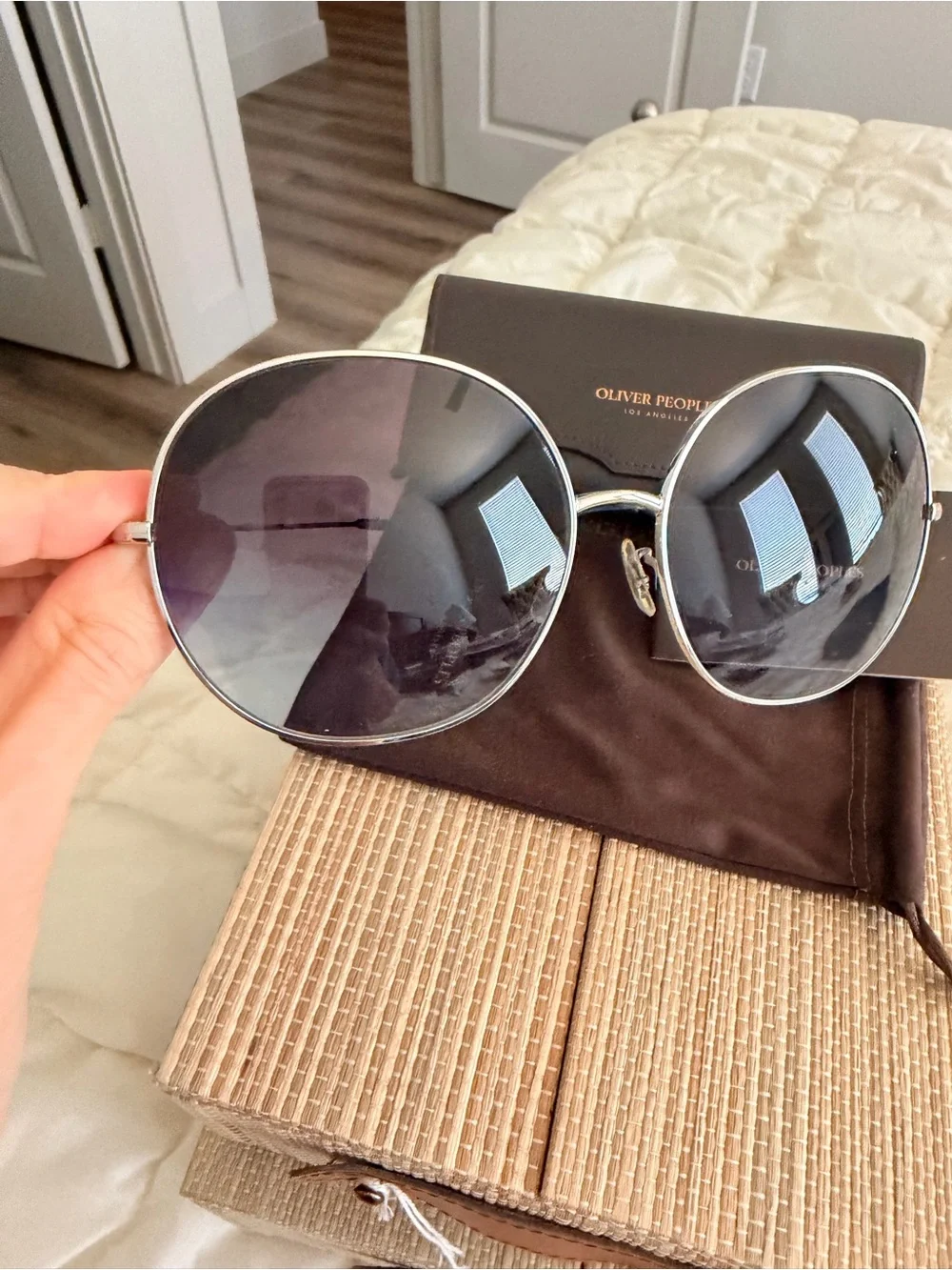 Oliver Peoples Silver Round Sunglasses with Dark Gradient Lenses